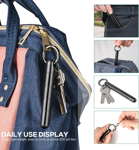 TISUR Keychain Pill Holder, Portable Waterproof Titanium Pill Organizer for Daily Travel - Black