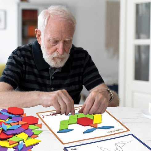 PHIELEY 80 Dementia Activities for Patients, Pieces Wooden Tangrams Cognitive Game for Seniors, Colorful Shape Pattern