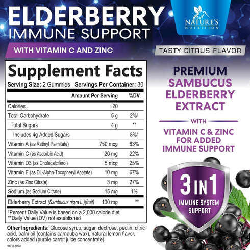 Sambucus Elderberry Immune Support Gummies - Elderberry Extract Gummy with Vitamins C, D3, Zinc, 60 Gummies