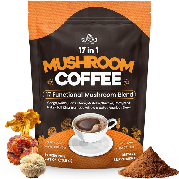 SunLab Essentials Organic Mushroom Coffee 17 Functional Mushroom Blend (Lion's Mane, Reishi, Chaga, Cordyceps,