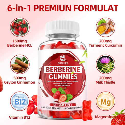 Berberine Gummies with Ceylon Cinnamon 1500mg, High Potency Berberine HCL Supplement for Immune and Metabolism Support
