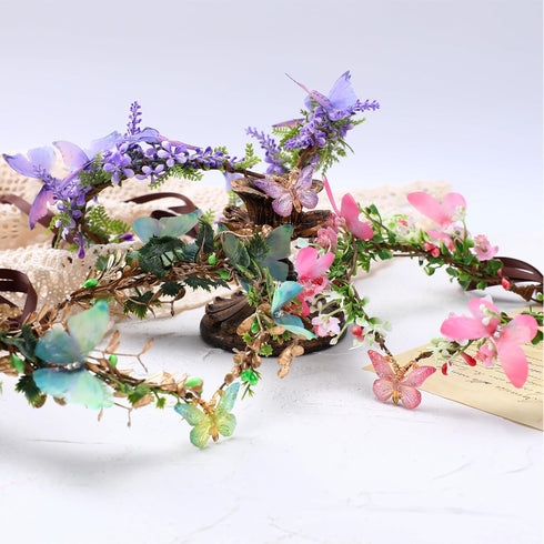 MOSTORY Pink Elf Flower Crown Handmade Fairy Headpiece Floral Tiara Woodland for Women Girls Spring Wedding