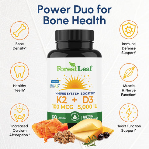 ForestLeaf Vitamin D3 + K2 (MK7) Supplement, 5000 IU Max Absorption, 60 Veggie Capsules for Bone Health