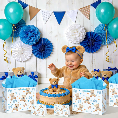 Peconal 1st 2nd Bear Baby Shower Birthday Gift Bag Large Blue Bear Baby Gift Bag with Handles Tissue Paper Greeting
