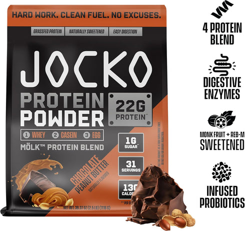 Jocko Moelk Whey Protein Powder - 22g Sugar Free Monk Fruit Blend, Muscle Recovery & Growth, 31 Servings, Chocolate