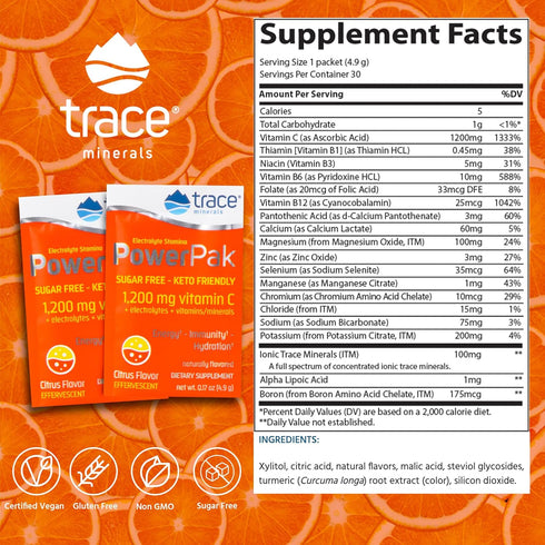 Trace Minerals Power Pak Sugar Free Electrolyte Powder Packets | 1200 mg Vitamin C, Zinc, Magnesium | 30 Packets,