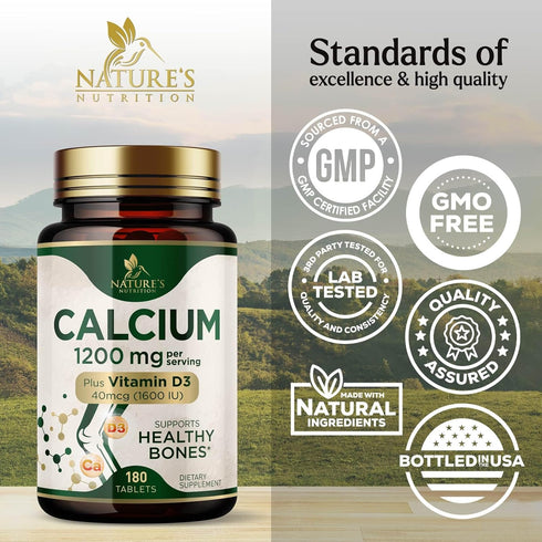Calcium 1200 mg with Vitamin D3, 180 Tablets, Supports Bone Strength, Teeth & Immune System, Nature's Absorbable Calcium