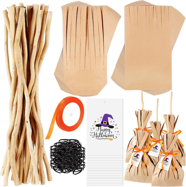 Watersay 24 Set Halloween Treats Bags, DIY Witch Broom Bag with Orange Ribbon for Halloween Party Decorations