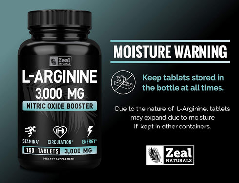 Zeal Naturals L Arginine 3000mg Capsules, 150 Tablets, Nitric Oxide Supplement for Muscle Growth