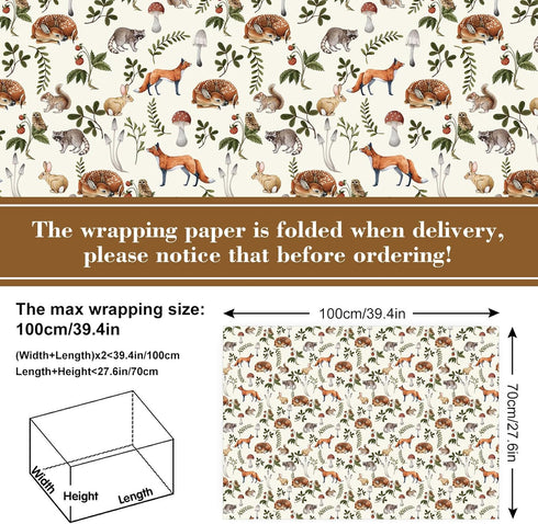 AnyDesign Woodland Wrapping Paper - Not Roll - 28'' x 40'' Vintage Forest Animal Plant Gift Wrap Paper Bulk Folded Flat Watercolor Art Paper for Birthday Baby Shower DIY Craft Supplies, 6 Sheet