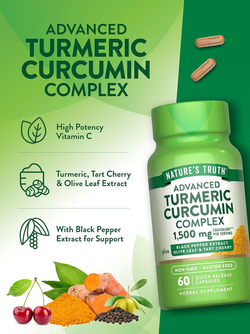 Nature's Truth Turmeric Curcumin 1500 mg - 60 Capsules with Black Pepper Extract & Olive Leaf - Non-GMO