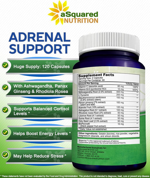 aSquared Nutrition Adrenal Support & Cortisol Manager Supplement (120 Capsules) for Fatigue & Stress Relief