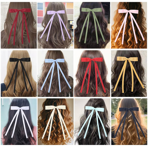 12 PCS Hair Bows for Women, Hair Ribbon with Long Tail Bowknot Clips for Women Girls, Bow Accessories