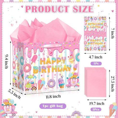 Summer Ice Cream Birthday Gift Bag with Tissue Paper and Greeting Card,White Pink Happy Birthday Wrapping Paper Goodie