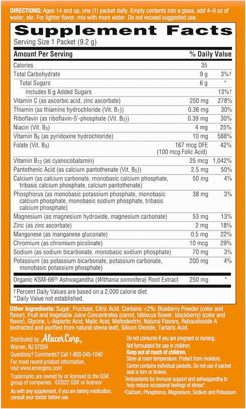 Emergen-C Vitamin C Ashwagandha Drink Mix, 18 Count, Dietary Supplement for Immune Support, Berry Blend