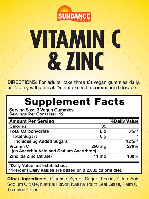 Sundance Vitamin C and Zinc Gummies | 36 Count | Lemon Flavor | Vegan, Non-GMO, and Gluten Free Supplement