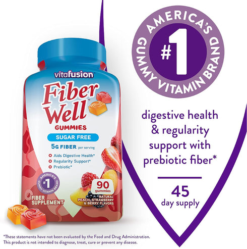 Vitafusion Fiber Well Sugar Free Fiber Supplement, 90 Count, Peach, Strawberry And Blackberry Flavored Supplements