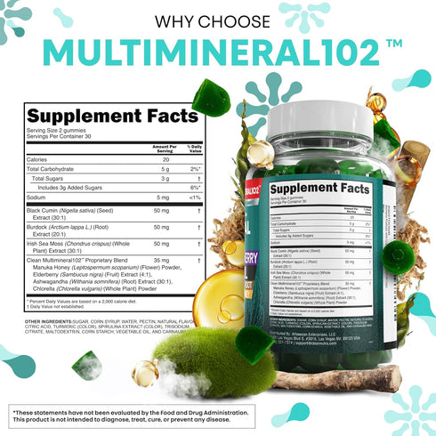 Gummies Gummy Sea Moss | Clinically Tested - Black Seed Oil Ashwagandha Elderberry Burdock Root Chlorella Manuka Honey