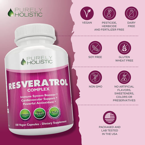 Purely Holistic Resveratrol 1450mg Antioxidant Supplement with Vitamin C, 180 Vegan Capsules