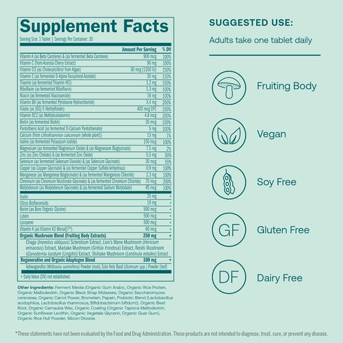 True Grace Men's 40+ One Daily Multivitamin with Fermented Minerals, Organic Adaptogens & Mushrooms for Immune, Bone &