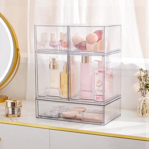 Vtopmart 2 Pack Clear Stackable Storage Drawers, 4.4'' Tall Acrylic Organizer for Bathroom, Vanity, Kitchen Cabinets,
