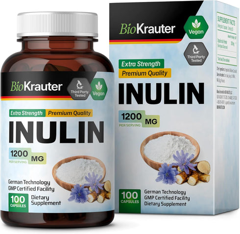 BIO KRAUTER Inulin Powder Capsules - 1200 mg Prebiotic Fiber Supplements - 100 Count Chicory Root Fiber for Digestive