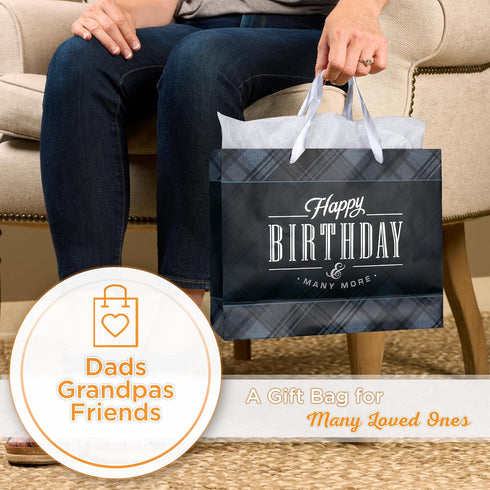 Christian Art Gifts Large Landscape Gift Bag Set with Card & Tissue Paper - Black & Navy Blue Plaid, Happy Birthday