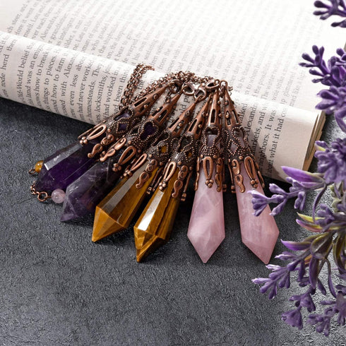 Jovivi 3pcs Natural Amethyst Rose Quartz Crystal - 12 Faceted Therapy Healing Dowsing Pendulum with Chain