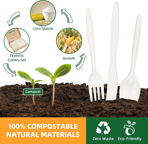100% Compostable Cutlery Set, 150pcs (50 Forks, 50 Spoons, 50 Knives), Eco-Friendly, Ivory White