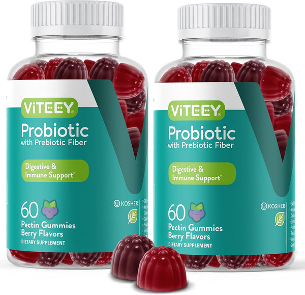 Probiotic Gummies with Prebiotics Fiber, Extra Strength 2 Billion CFUs, Vegan, Berry Flavored for Immune & Digestive