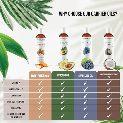 Set 4 oz. 100% Carrier Oil Variety Cold Pressed Pure Natural Sweet Almond, Avocado, Coconut Fractionated, Grapeseed.
