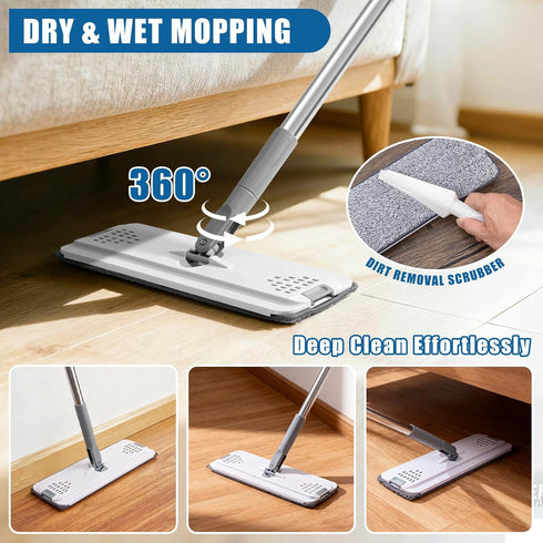 Set 2 Flat Mop and Bucket with Heavy Duty Scrub Brush, Washable Reusable Microfiber Pads, for Tile Hardwood, Wall