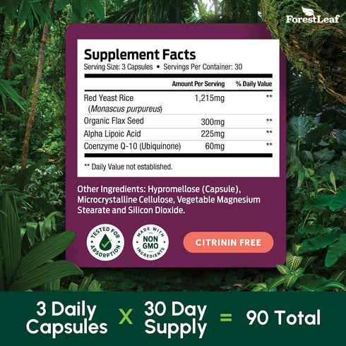 Red Yeast Rice 1215 mg. Capsules - Extra Strength with CoQ10 Supplement, Non-GMO, 90 Veggie Caps