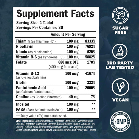 Vitamin B Complex with B12, Niacin, B2, B6, Folic Acid 400mcg - Mood, Energy, Nervous System & Immune Support - One a