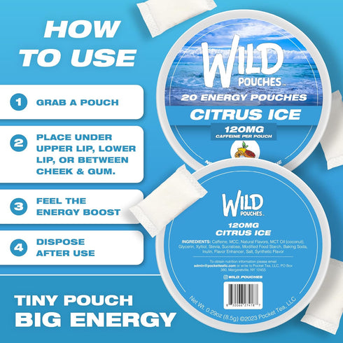 Wild Pouches 120mg 20 Wild Caffeine Pouches Nicotine Free Citrus Ice - x Energy Pouches - Caffeine Pouch