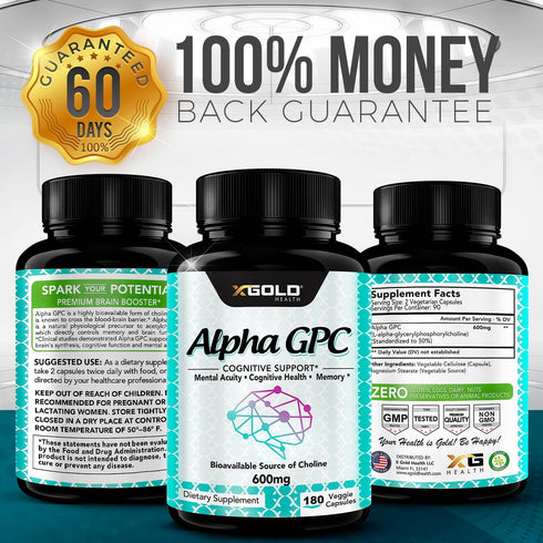 Alpha GPC Choline Supplement 600mg - Highly Purified Source of Choline, 180 Veggie Capsules for Cognitive Enhancement