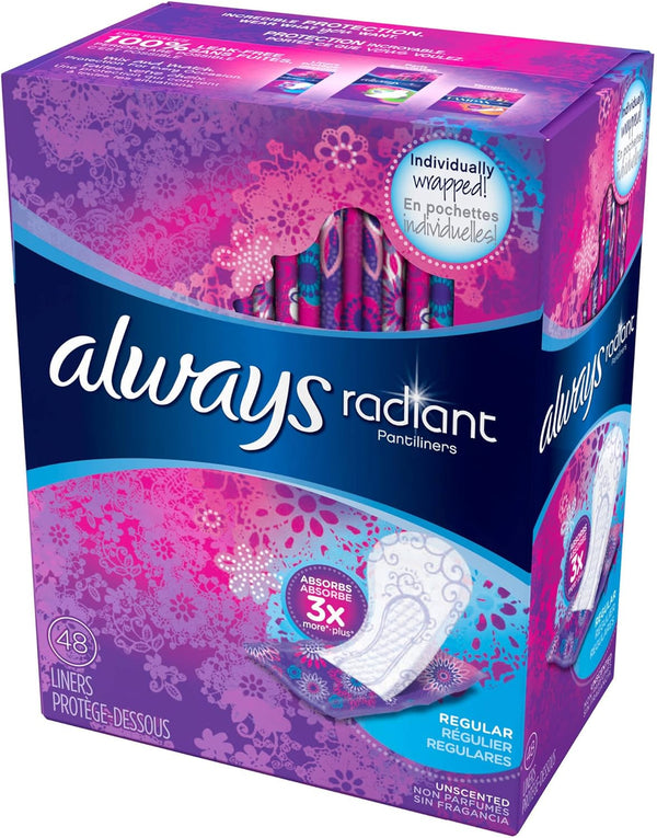 Always Radiant Unscented Pantiliners, Regular, 48 Liners (Pack of 2)