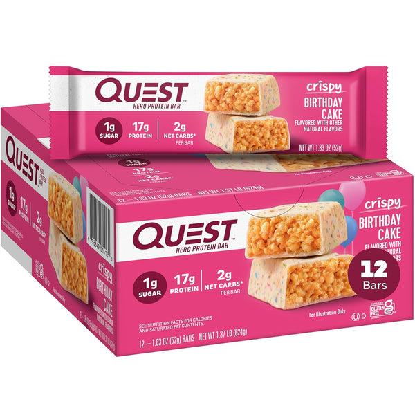 Quest Nutrition Crispy Birthday Cake Hero Protein Bar - 17g Protein, 1g Sugar, Gluten Free, Keto Friendly - 12 Count