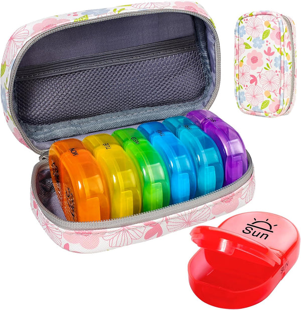 Serfeymi Upgraded Weekly Travel Pill Organizer 2 Times A Day AM PM, 7 Day PU Leather Pill Case, Floral 01
