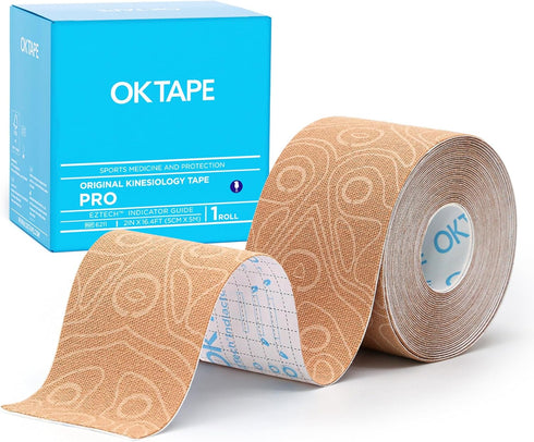 OK TAPE PRO Kinesiology Tape, 2 inch x Long Roll 16ft, Elastic Athletic Tape, Therapeutic Latex Free, Beige