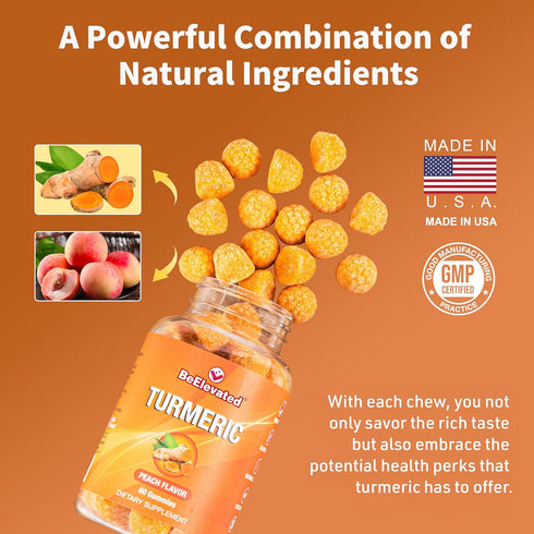 Turmeric Gummies for Adults - Extract 8:1 2000mg - Black Pepper and Ginger Supplements for Joint Support - Vegetarian Chewable Vitamins Supplement - Peach Flavor Turmeric Gummy Chews