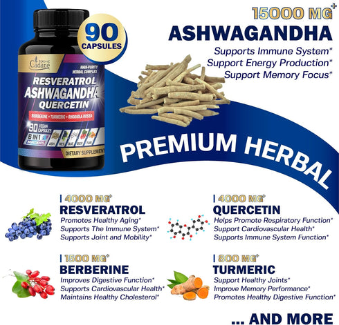 Organic Cadane Ashwagandha Supplements 25700mg - Support Memory, Immune, Energy Production with 6 Premium Ingredients