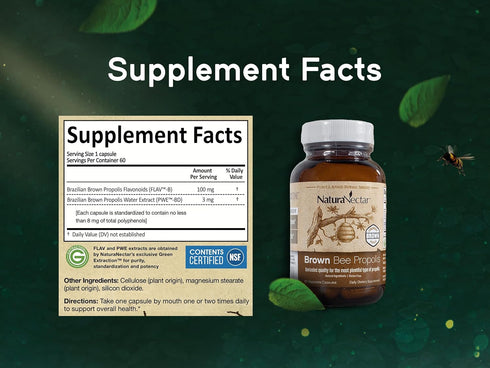 NaturaNectar Brown Bee Propolis, NSF Contents Certified, Premium Brazilian Propolis, Gluten-Free Supplement, 60pcs