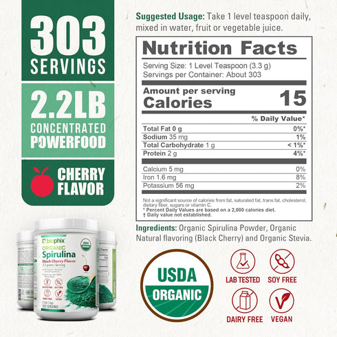 biophix Organic Spirulina Powder 2.2 lb Black Cherry Flavor - Nutrient-Dense Superfood, Protein-Rich & Powerful