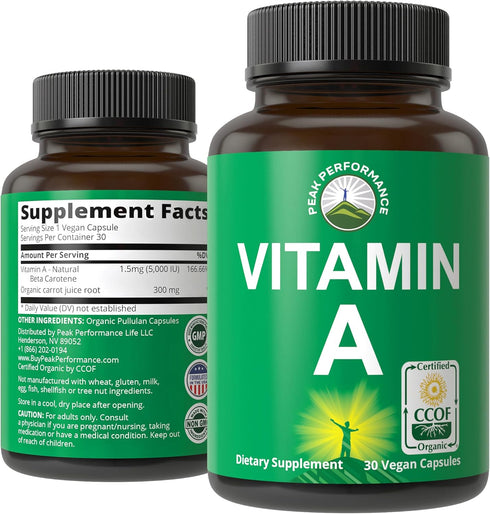 Certified Organic Vitamin A 5000 IU Supplement Capsules - High Potency Vitamins for Adults, Kids, Non-GMO, Vegan