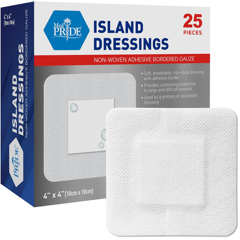MED Pride Bordered Gauze-Island Dressing 4'' x 4'' | 25 Individually Packed Pouches, Sterile & Highly Absorbent