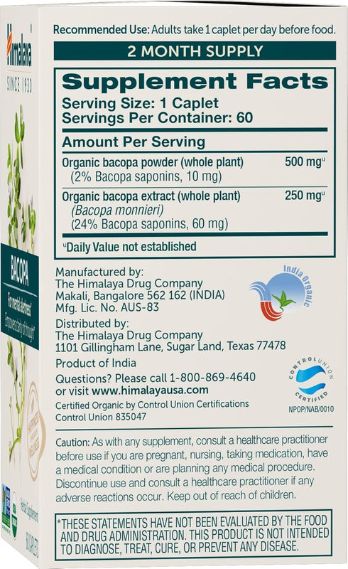 Himalaya Organic Bacopa Monnieri Nootropic Supplement, 750 mg, 60 Plant-Based Caplets, 2 Pack, USDA Organic