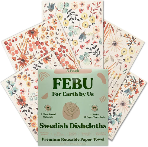 FEBU Swedish Dishcloths for Kitchen, 5 Pack Watercolor Dish Towels, Reusable Washable Non-Scratch Cellulose Cloths