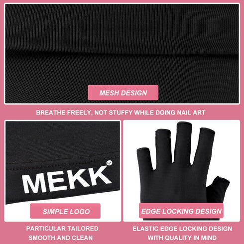 MEKK UV Gloves for Nails, Extra Length UV Light Gloves for Gel Nails, UPF99+ Skin Care Protection (Black)
