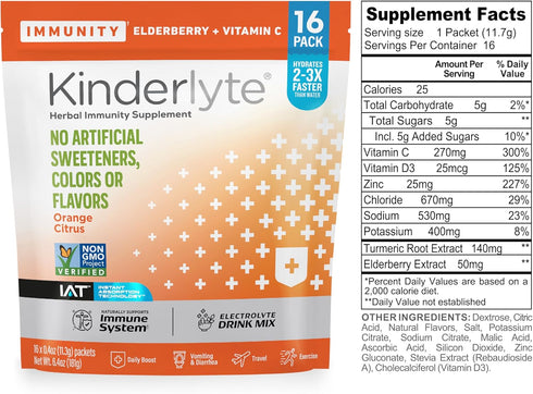 Kinderlyte Immunity: Plant Powered Hydration Supplement, Electrolyte Drink Mix with Elderberry, Turmeric, Vitamin D3